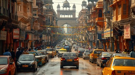 A busy street with many cars and people