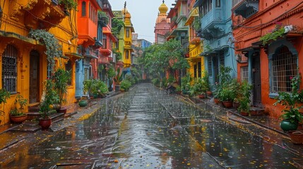 Fototapeta premium A street with colorful buildings and a wet sidewalk