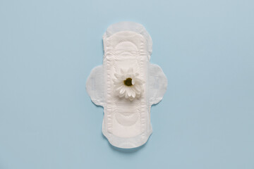 Menstrual pad with chrysanthemum flower on blue background