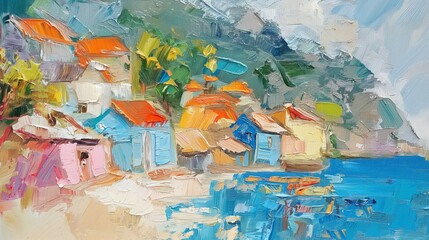 Fototapeta premium Oil painting of a small town in the Mediterranean on canvas