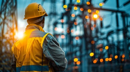 A technician wearing safety gear inspecting a high-voltage power line, highlighting the importance of proper maintenance and safety protocols in high-voltage environments.