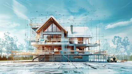 house under construction overlaying blueprints, construction site elements like scaffolding and tools, bright natural light, blending planning with reality