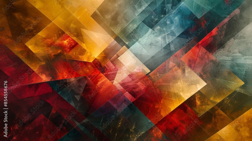 Poster an abstract composition of geometric shapes, some static and others in dynamic motion, creating a se