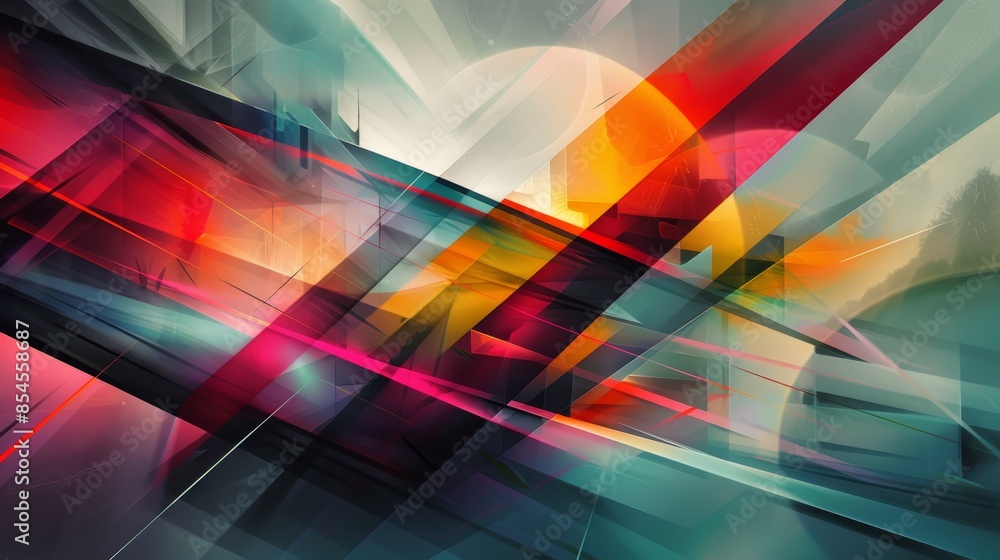 Aufkleber an abstract composition of geometric shapes, some static and others in dynamic motion, creating a se