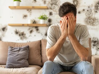 A man wearing a face mask reacts with discomfort in front of a moldy wall.