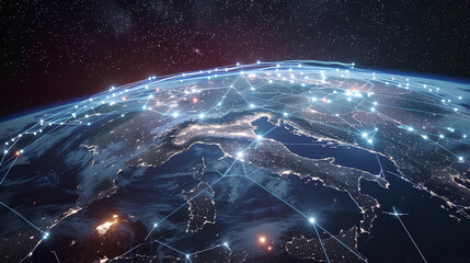 Communication technology for internet business. Global world network and telecommunication on earth cryptocurrency and blockchain and IoT