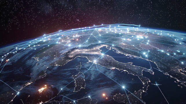 Communication technology for internet business. Global world network and telecommunication on earth cryptocurrency and blockchain and IoT