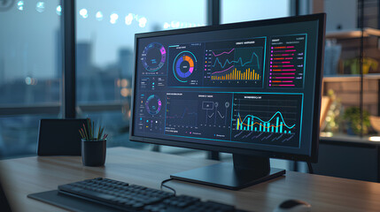 Computer monitor displaying an abstract network monitoring dashboard with real-time data analytics, graphs, and system health indicators