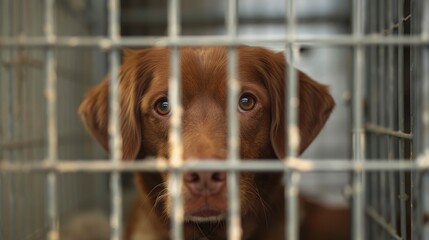 Red haired canine peeking through the bars of a shelter s aviary a portrait