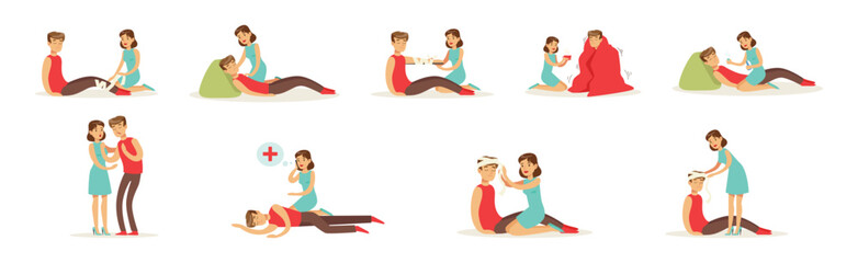 Woman Help Man as Emergency First Aid and Rescue Scene Vector Set