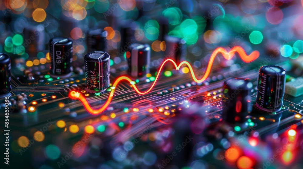 Aufkleber an artistic representation of a sine wave graph superimposed over an electronic circuit, symbolizing