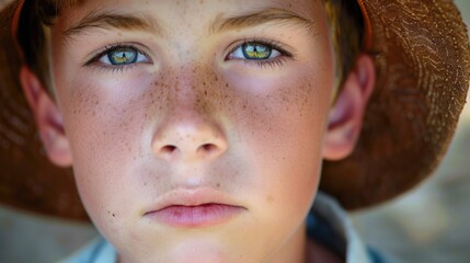 Teenage Boy Wearing Hat with Serious Expression, Closeup of Caucasian Male Face