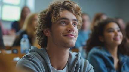 Obraz premium Satisfied young man looking at camera while sitting at desk in classroom. Portrait of college guy writing while completing assignment.