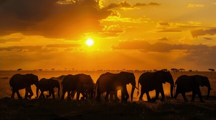 Fototapeta premium A vibrant sunset casting golden hues over the savanna, with a herd of elephants slowly trekking across the landscape, their silhouettes stark against the setting sun.