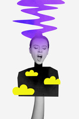 Trend artwork composite sketch photo collage of shocked sleepy woman bodyless puppet master hand yawn take nap rest relax early morning