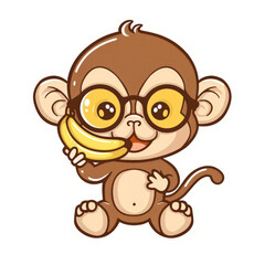 Fototapeta premium Sticker of cute cartoon monkey wearing sun visor and eating banana