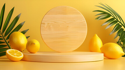 Background lemon podium product fruit platform cosmetic scene display citrus yellow. Podium lemon vitamin stand background pedestal presentation food stage summer juice c beauty dry natural wood drink