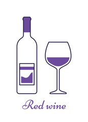 Red wine bottle and glass. Violet linear icons. Alcohol drinks with wineglasses. Outline beverage isolated on white background. Thin line objects in flat design. Vector illustration.