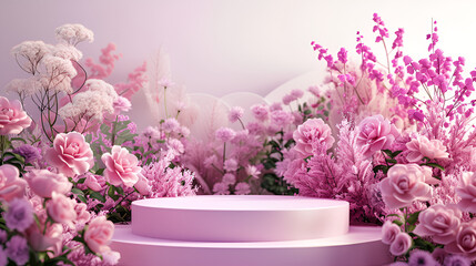 Podium background flower rose product pink 3d spring table beauty stand display nature white. Garden rose floral summer background podium cosmetic valentine Easter field scene gift purple day