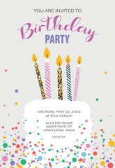 Birthday invitation template with cake and candles. Flyer, booklet, leaflet concept with flat illustrations. Vector page cartoon layout for magazine. Anniversary celebration invitation with text.