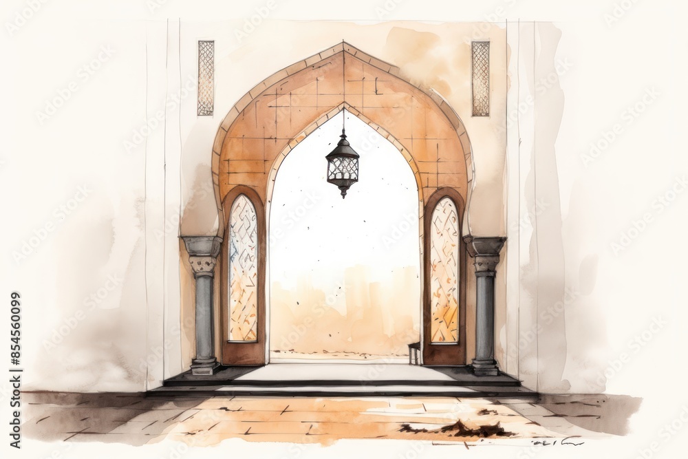 Poster mosque window arch architecture building sketch.