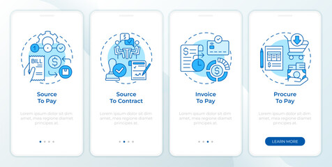 Documents of spend management blue onboarding mobile app screen. Walkthrough 4 steps editable graphic instructions with linear concepts. UI, UX, GUI template. Montserrat SemiBold, Regular fonts used