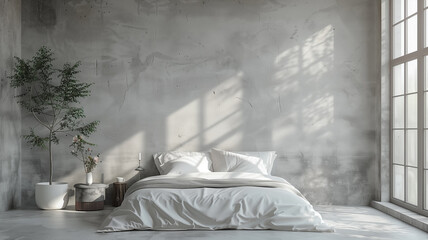 Bedroom in dark gray tones featuring a large cozy bed, a carpet, plants, and decorative elements.