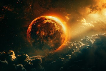 A fiery planet in a starry sky