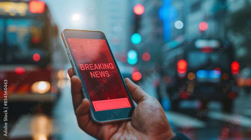 Poster a dynamic representation of breaking news in media, featuring vibrant graphics and modern technology