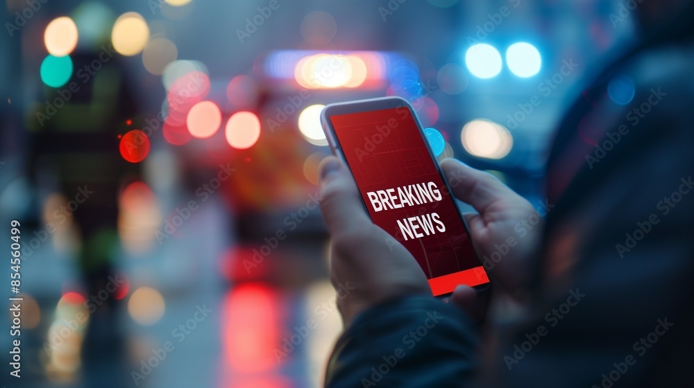 Poster a dynamic representation of breaking news in media, featuring vibrant graphics and modern technology