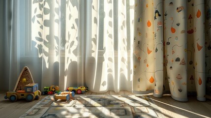A whimsical children's bedroom with patterned, playful curtains slightly open to let in the morning sun, casting playful shadows over toys and a small, cheerful rug.