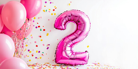 A festive celebration of the second birthday with balloons and confetti in pink tones, an inflatable balloon with the number 2 on a white background