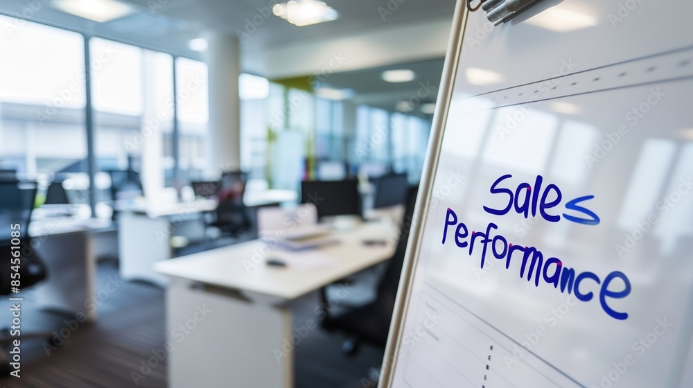 Poster office whiteboard displaying sales performance with detailed graphs and diagrams showcasing team pro
