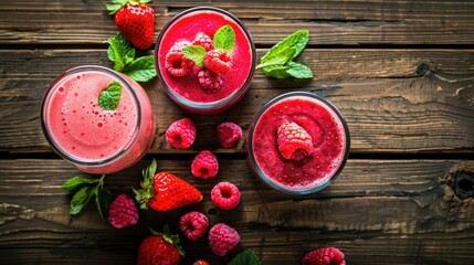 Smoothies in a glass with ripe strawberries and raspberries on the table. An invigorating refreshing drink, a delicious snack and breakfast. A healthy organic drink. Proper nutrition and diet.