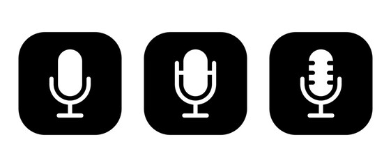 Mic icon set on black square. Microphone, voice recorder button