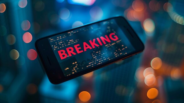 Smartphone displaying BREAKING NEWS text on screen, representing digital media and online news updates. Ideal for illustrating modern news consumption and mobile technology.