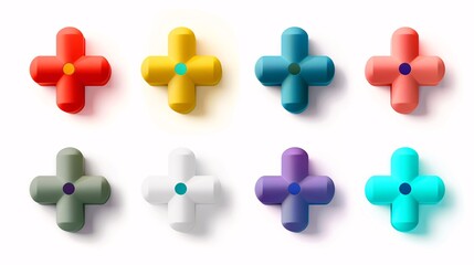 Obraz premium Vibrant 3D plus sign set in various colors, representing mathematical or medical concepts. Isolated abstract illustration on white.