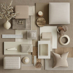 make a simple material mood board with interior details for living room in natural aestetic soft minimal, a hint of lilac 