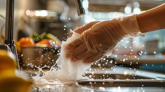 Close-up of rubber-gloved hands cleaning the kitchen sink, soapy and clean, bright kitchen environment, detailed and raw