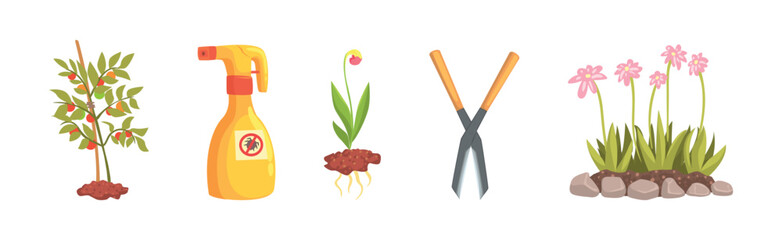 Garden Tools and Object for Plant Cultivation Vector Set
