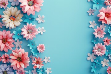Fototapeta premium Vibrant Spring Floral Border on Blue Background - Design for Print, Card, Poster