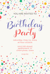 Birthday invitation template with confetti. Flyer, booklet, leaflet concept with flat illustrations. Vector page cartoon layout for magazine. Anniversary celebration invitation with text.