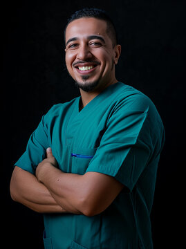 photo of an Egyptian male dentist in his thirties with short hair and a goatee with his arms crossed in a turquoise shirt smiling against a black background for a profile picture