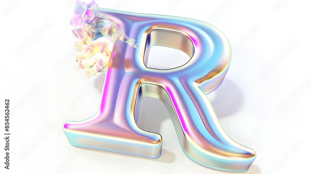 Poster iridescent vapor rendering of the letter r with soft,colorful effect on isolated white background