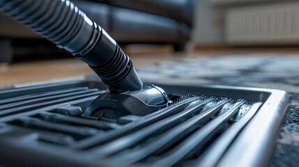 Cleaning inside heating floor vent with vacuum cleaner, detailed process, home maintenance, close-up view, raw and practical style