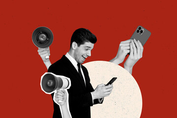Composite collage picture image of amazed man megaphone discrimination device cyberbullying unusual...