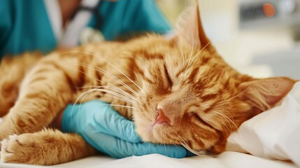 A vet is providing a thorough check-up and comforting a feline at a clinic.