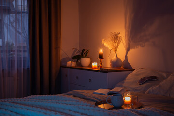 cup of tea in bedroom at night