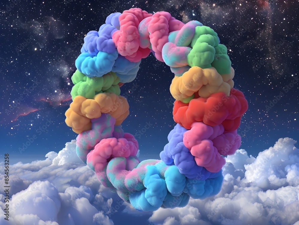 Poster multicolored clouds in the shape of the letter o floating in a starry sky