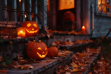 House entrance with pumpkin decoration and Halloween garland on wooden stairs in fall foliage, Jack-o'-lanterns with creepy faces.